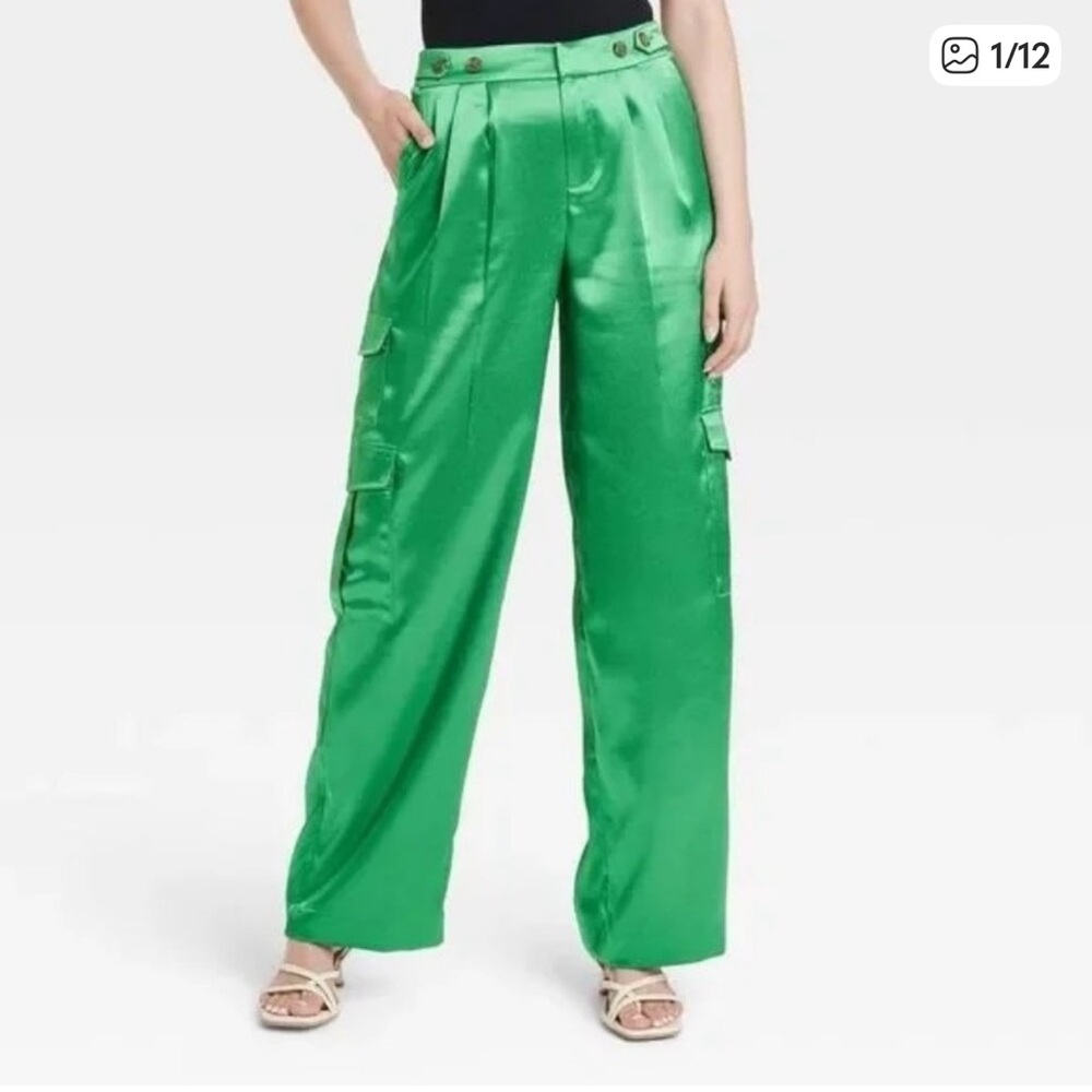 Womens Green Satin Cargo Wide-Leg Pants With Button Detail Size 12